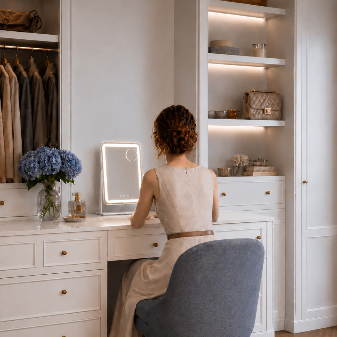 A woman seated at a sunlit vanity, framed by tailored cabinetry and a lighted Saliwa mirror.